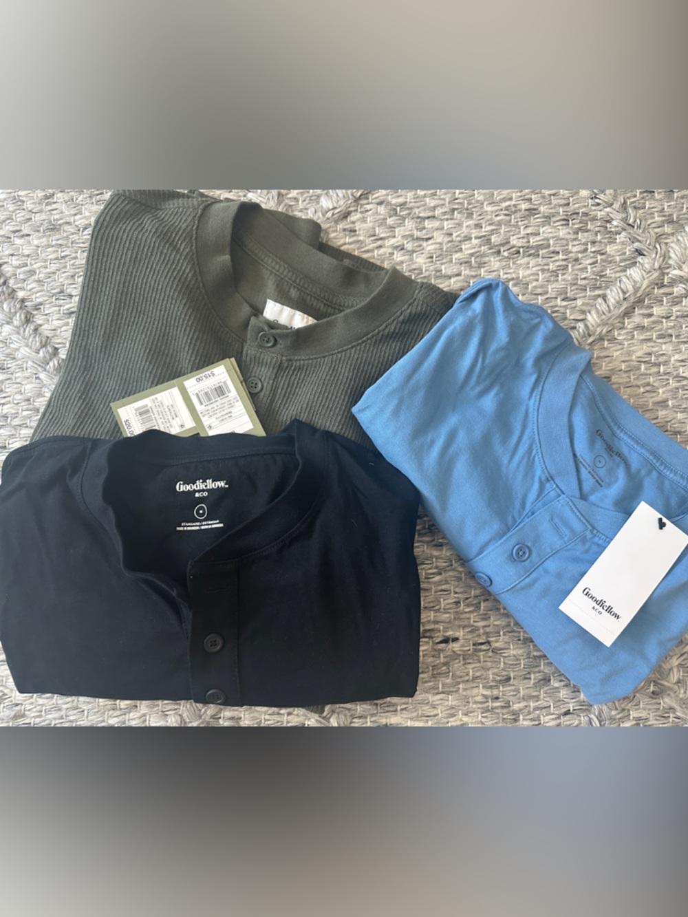 Goodfellow & Co Three-Pack Henley Long Sleeve Tops - Black, Olive, Light Blue